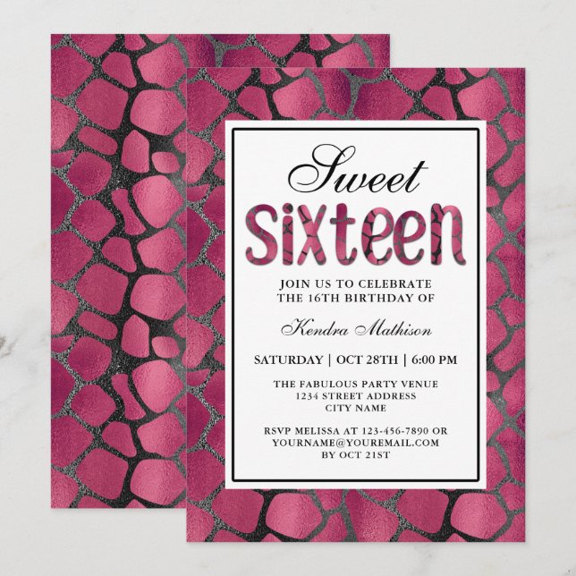 Hot Pink Animal Print Sweet Sixteen Birthday Party Invitation (Front/Back)
