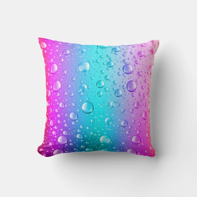 Hot Pink & Aqua Blue Gradient Water Droplets Cushion (Front)