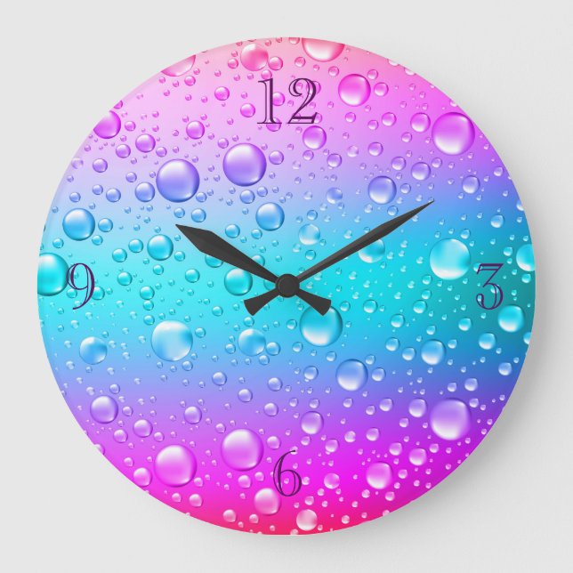Hot Pink & Aqua Blue Gradient Water Droplets Large Clock (Front)