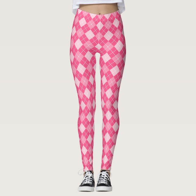Hot Pink Argyle Plaid Preppy Leggings (Front)