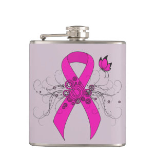 Hot Pink Awareness Ribbon with Butterfly Hip Flask
