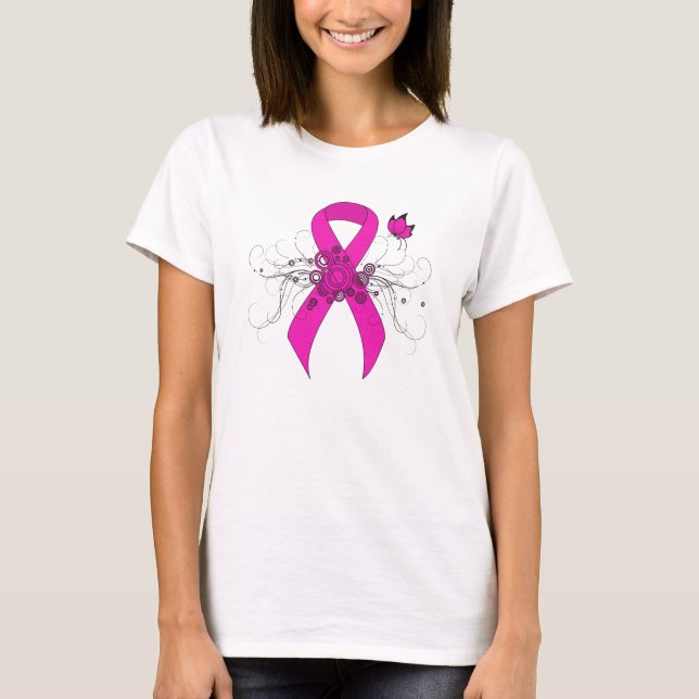Hot Pink Awareness Ribbon with Butterfly T-Shirt (Front)