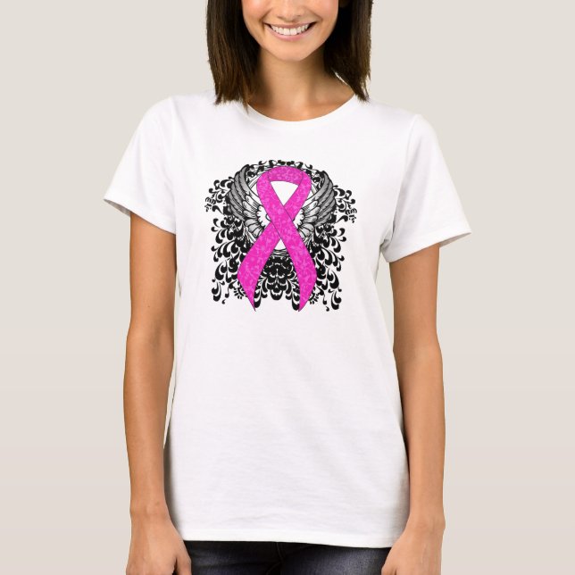 Hot Pink Awareness Ribbon with Wings T-Shirt (Front)