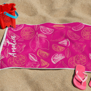 Hot pink Bachelorette weekend Bridesmaid Lemon Beach Towel