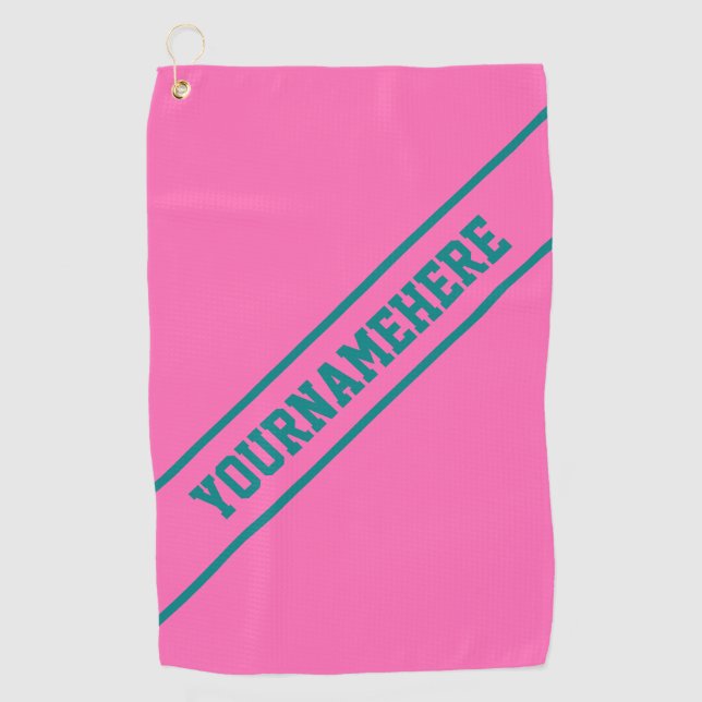 Hot Pink Background & Teal Bold Custom Name Golf Towel (Front)