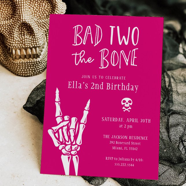 Hot Pink Bad Two The Bone 2nd Birthday Party Invitation (Creator Uploaded)