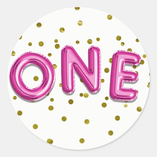 Hot Pink Balloons Gold Dots ONE 1st Birthday Party Classic Round Sticker (Front)