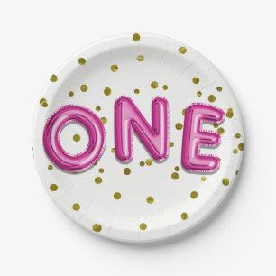 Hot Pink Balloons Gold Dots ONE 1st Birthday Party Paper Plate