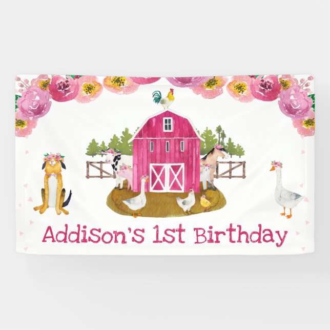 Hot Pink Barn Girls Farm Birthday Party Banner (Horizontal)