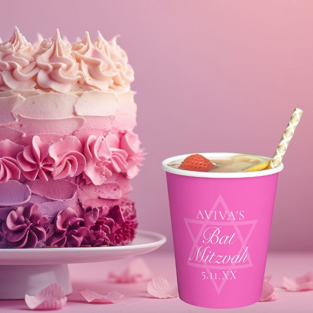 Hot Pink Bat Mitzvah Party Star of David Paper Cups (Creator Uploaded)