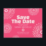 Hot Pink Bat Mitzvah Save the Date Starburst Bold Invitation Postcard<br><div class="desc">Make sure all your friends and relatives will be able to celebrate your daughter’s milestone Bat Mitzvah! Send out this fun, boho retro, personalised “Save the Date” announcement postcard. Retro white and blush pink flower starbursts with Stars of David, as well as bold modern blush pink and white sans serif...</div>