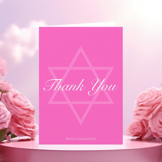 Hot Pink Bat Mitzvah Star of David Personalised Thank You Card (Creator Uploaded)