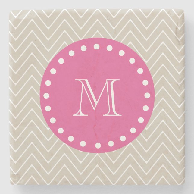 Hot Pink, Beige Chevron | Your Monogram Stone Coaster (Front)
