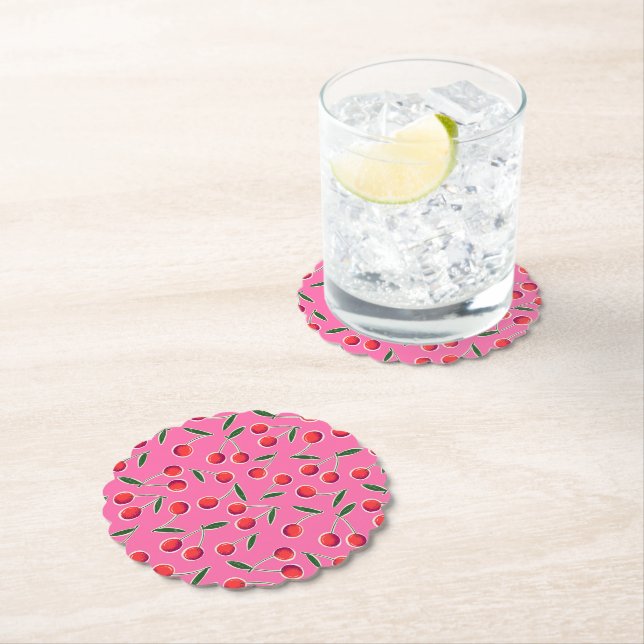 Hot Pink Berry Cherry Birthday Party Paper Coaster (Insitu)