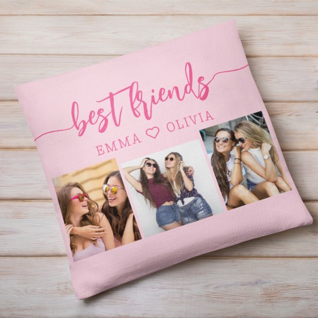 Hot Pink Best Friends 3 Photo Collage Keepsake Cushion (Creator Uploaded)