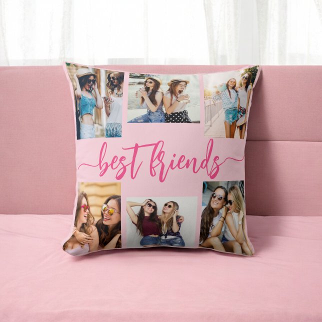 Hot Pink Best Friends 6 Photo Collage Keepsake Cushion (Creator Uploaded)