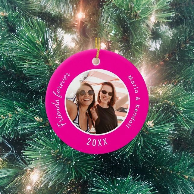Hot pink best friends photo names ceramic tree decoration (Creator Uploaded)