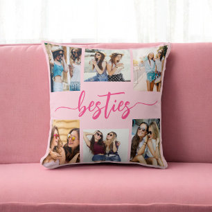 Hot Pink Besties Friends 6 Photo Collage Keepsake Cushion