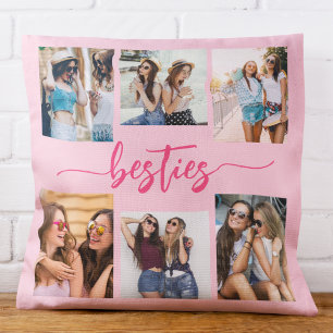 Hot Pink Besties Friends 6 Photo Collage Keepsake Cushion