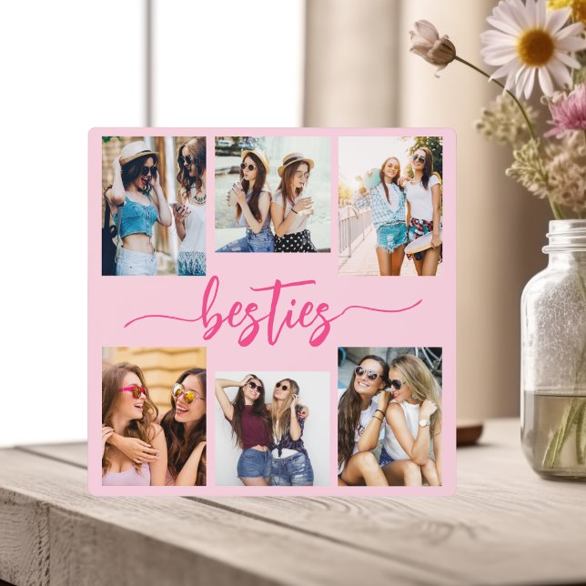 Hot Pink Besties Friends 6 Photo Collage Keepsake Plaque (Creator Uploaded)