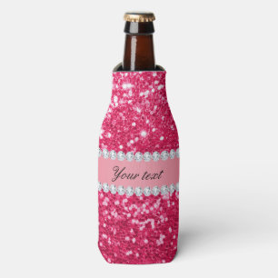 Hot Pink Big Faux Glitter with Diamonds Bottle Cooler