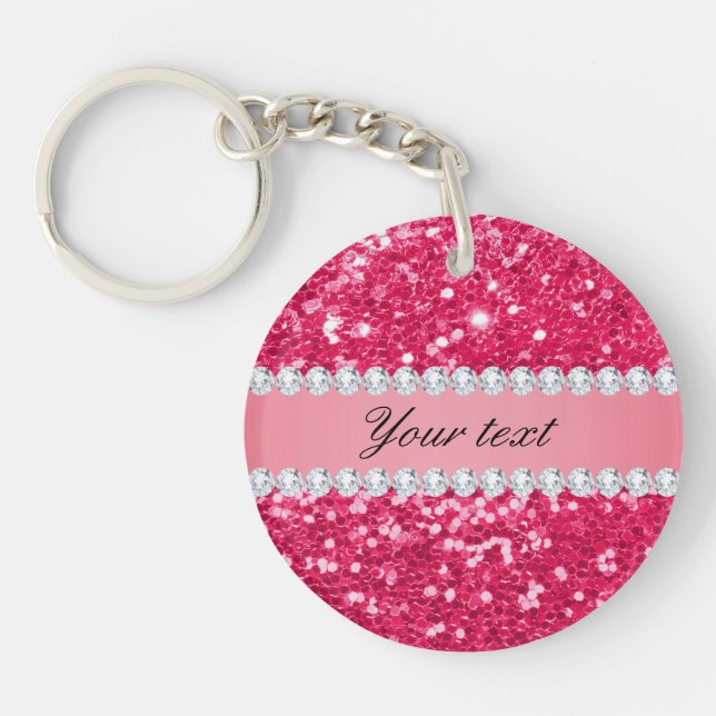 Hot Pink Big Faux Glitter with Diamonds Key Ring (Front)