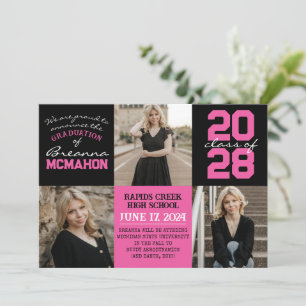 Hot Pink & Black 4 Photo Graduation Announcement