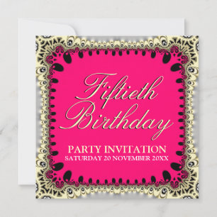 Hot Pink & Black 50th Tribal Lace Birthday Party Invitation