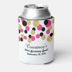 Hot Pink, Black and Gold Glitter Confetti 30th Can Cooler