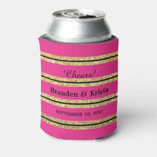 Hot Pink, Black and Gold Glitter Stripes Wedding Can Cooler