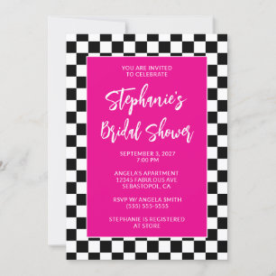 Hot Pink Black and White Chequered Bridal Shower Invitation