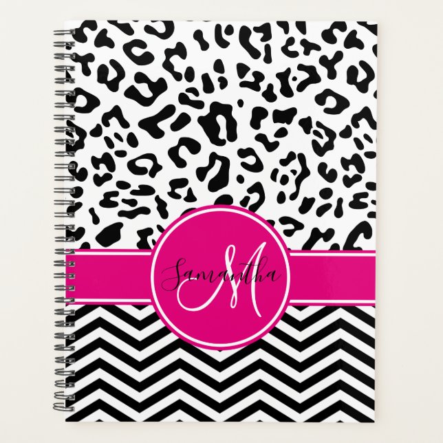 Hot Pink Black and White Leopard Chevron Monogram Planner (Front)