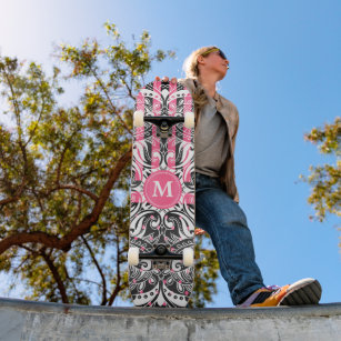 Hot Pink, Black and White Mandala  - Monogram Skateboard