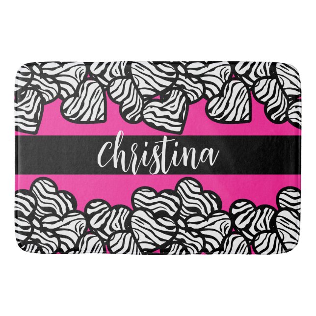 Hot pink black and white zebra pattern heart name  bath mat (Front)