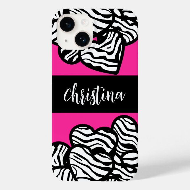 Hot pink black and white zebra pattern heart name  Case-Mate iPhone case (Back)
