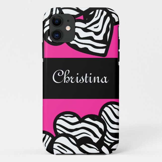 Hot pink black and white zebra pattern heart name  Case-Mate iPhone case (Back)