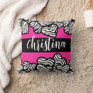 Hot pink black and white zebra pattern heart name  cushion