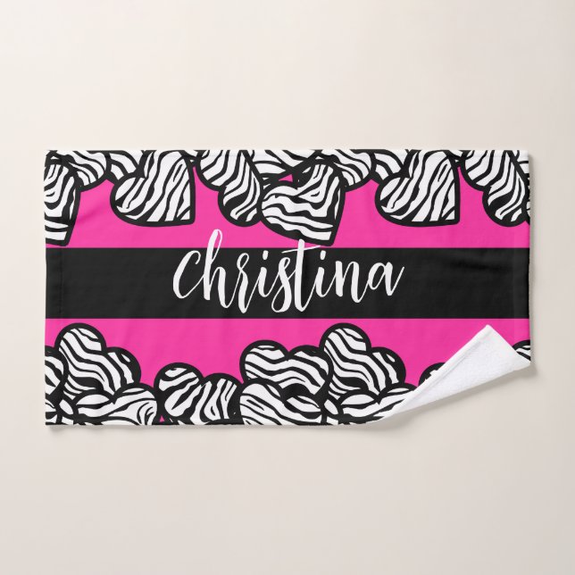 Hot pink black and white zebra pattern heart name  hand towel (Hand Towel)