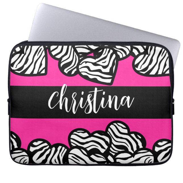 Hot pink black and white zebra pattern heart name  laptop sleeve (Front)