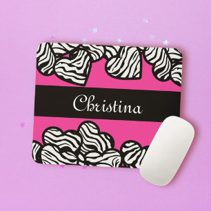 Hot pink black and white zebra pattern heart name  mouse pad