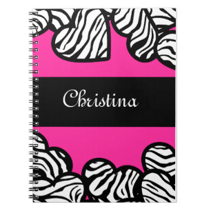 Hot pink black and white zebra pattern heart name spiral notebook
