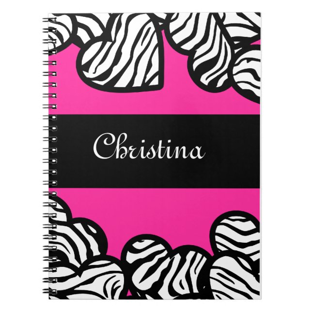 Hot pink black and white zebra pattern heart name  spiral notebook (Front)