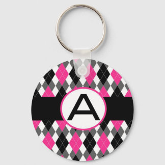 Hot Pink & Black Argyle Monogram Keychain "A"