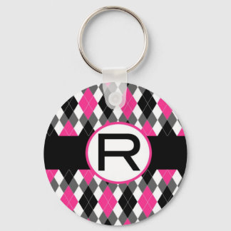 Hot Pink & Black Argyle Monogram Keychain "R"