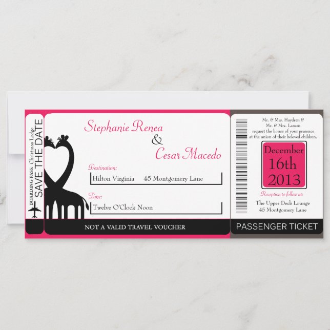 Hot Pink/Black Boarding Pass Wedding Invitation (Front)
