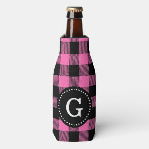 Hot Pink Black Buffalo Check Plaid 1I Monogram Bottle Cooler
