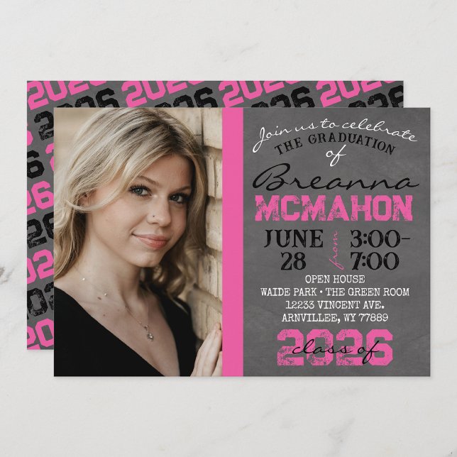 Hot Pink & Black Chalkboard Graduation Invitation (Repeating Class Year Chalkboard Graduation Photo Invitations)