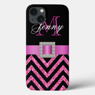 HOT PINK BLACK CHEVRON GLITTER GIRLY iPhone 13 CASE
