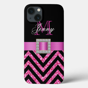 HOT PINK BLACK CHEVRON GLITTER GIRLY iPhone 13 CASE