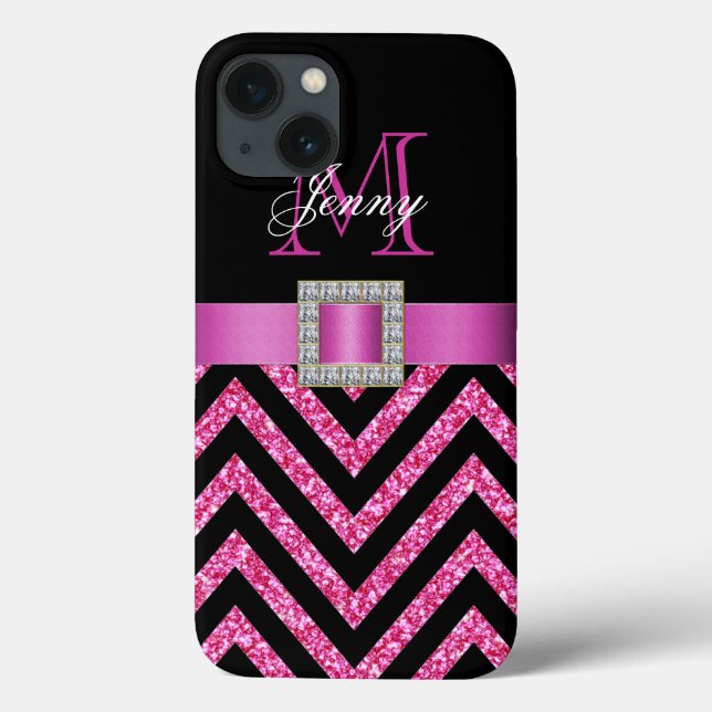 HOT PINK BLACK CHEVRON GLITTER GIRLY Case-Mate iPhone CASE (Back)